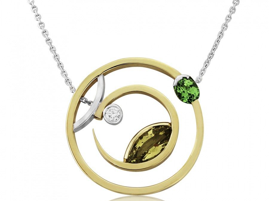 18ct Green and White Gold Tsavorite, Chrysoberyl and Diamond Pendant