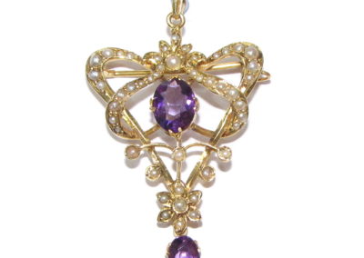 9ct yellow gold amethyst and seed pearl pendant / brooch