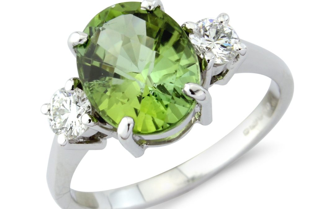 18ct white gold diamond and green tourmaline ring