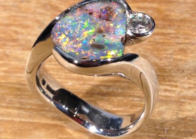 Platinum boulder opal and diamond ring