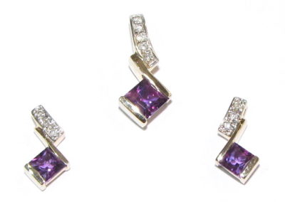 14ct yellow and white gold amethyst and diamond earrings and pendant