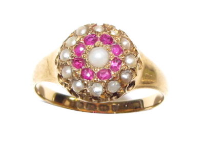 18ct yellow gold pearl and ruby ring.