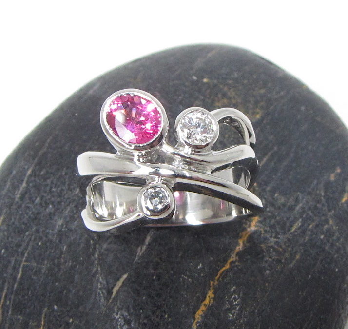 Platinum diamond and pink spinel ring