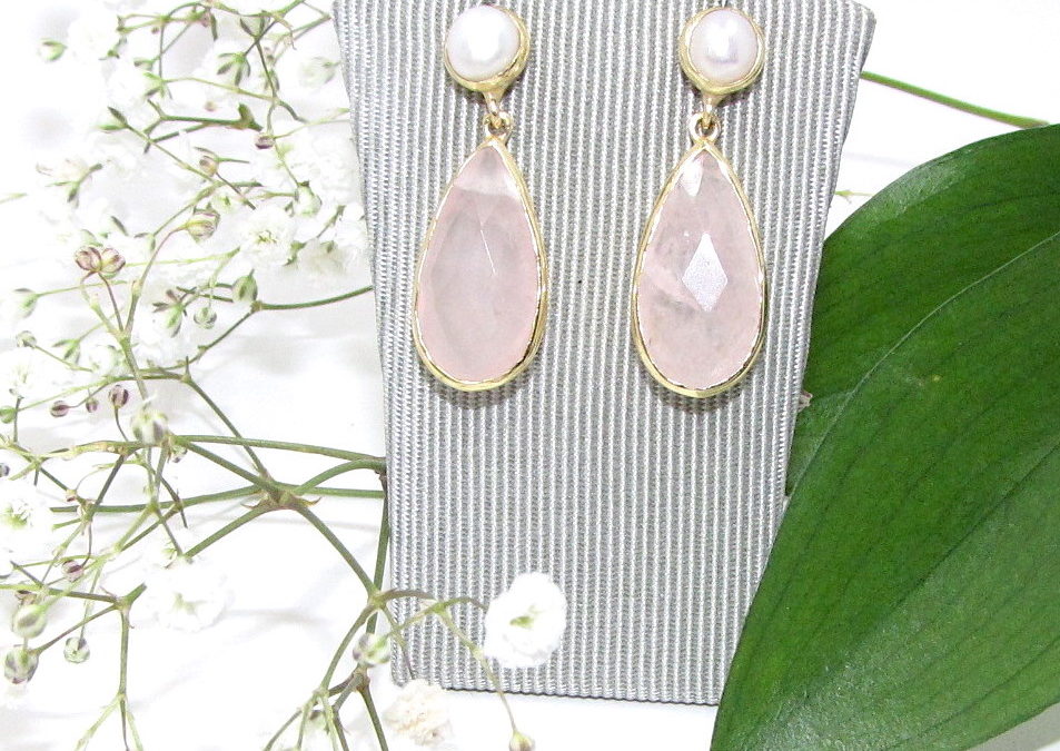 silver / gold plated pearl and rose quartz drop earrings