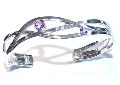 Silver amethyst and diamond torq bangle